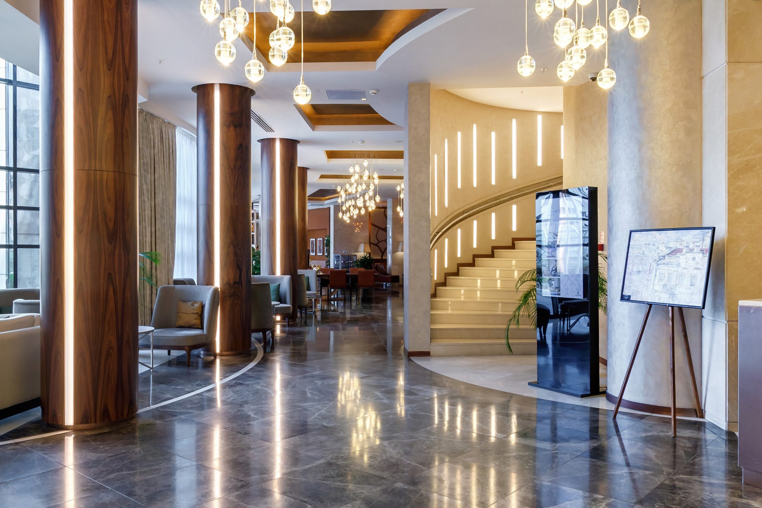 MINSK, BELARUS - AUGUST , 2017: columns in guestroom hall reception of modern luxury hotel